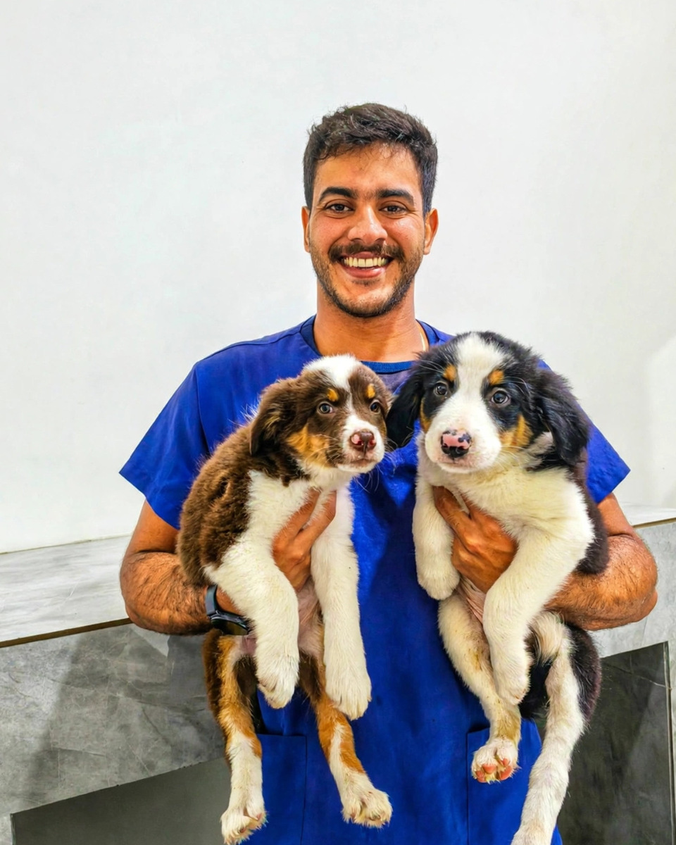 Dr. Gabriel Ribeiro com dois filhotes de cães.